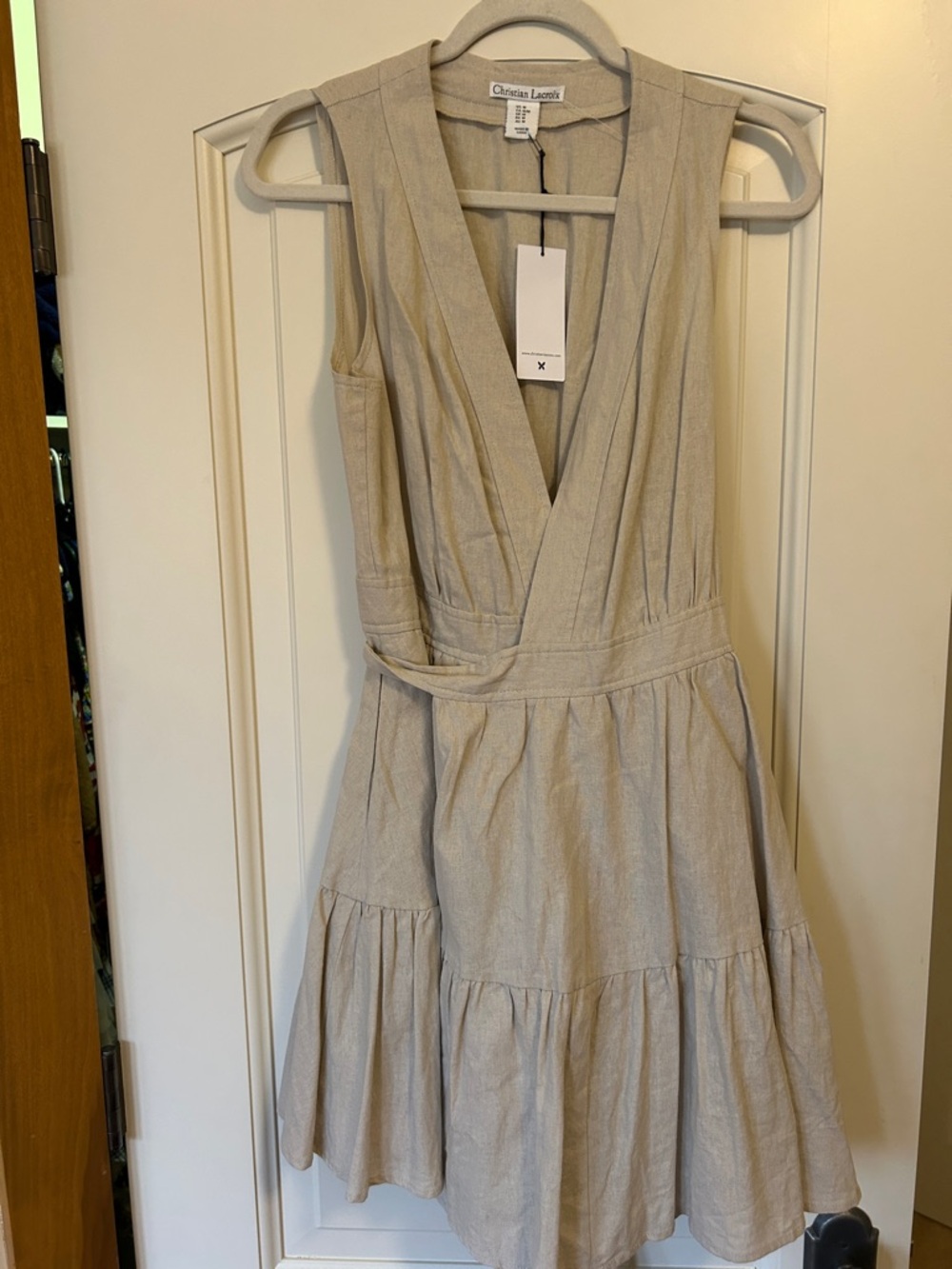 Christian Lacroix Linen Sleeveless V-Neck Tiered Wrap Dress with Ruffle Hem